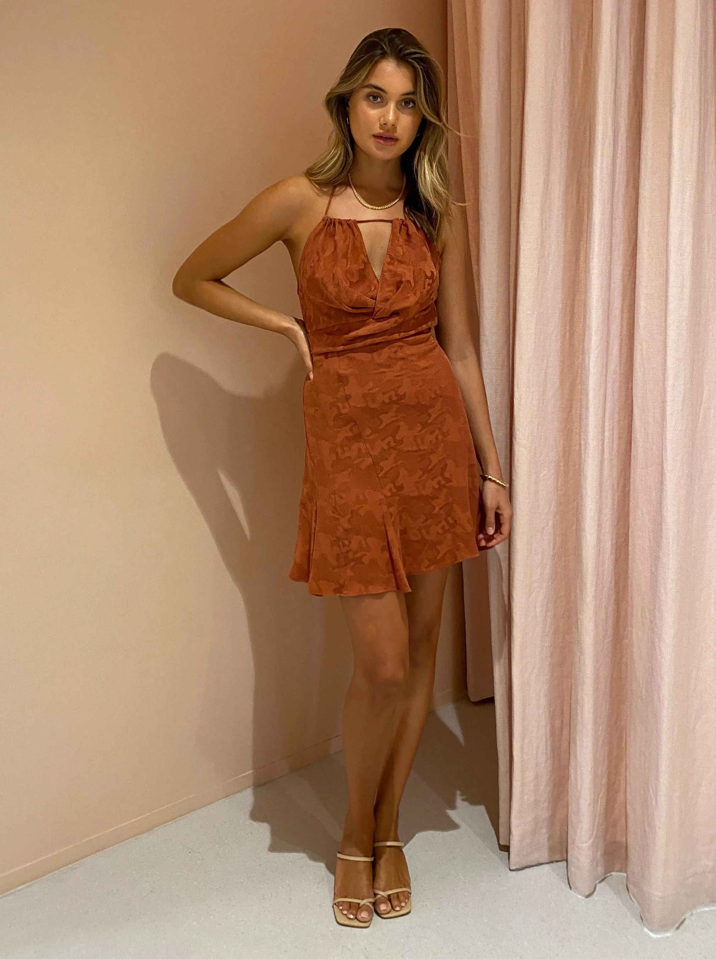 One Fell Swoop Billie Mini Dress in Rust Brocade