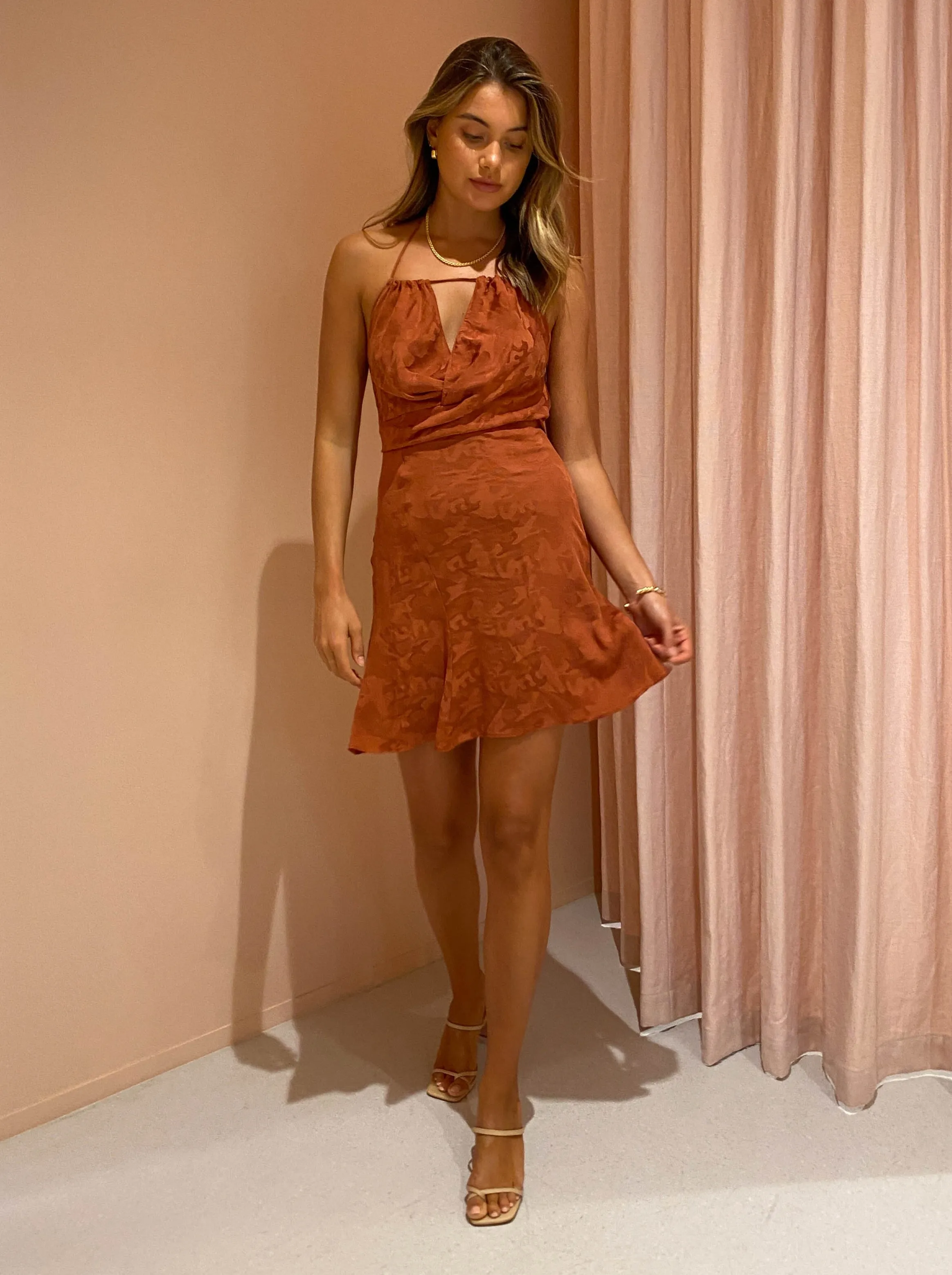 One Fell Swoop Billie Mini Dress in Rust Brocade