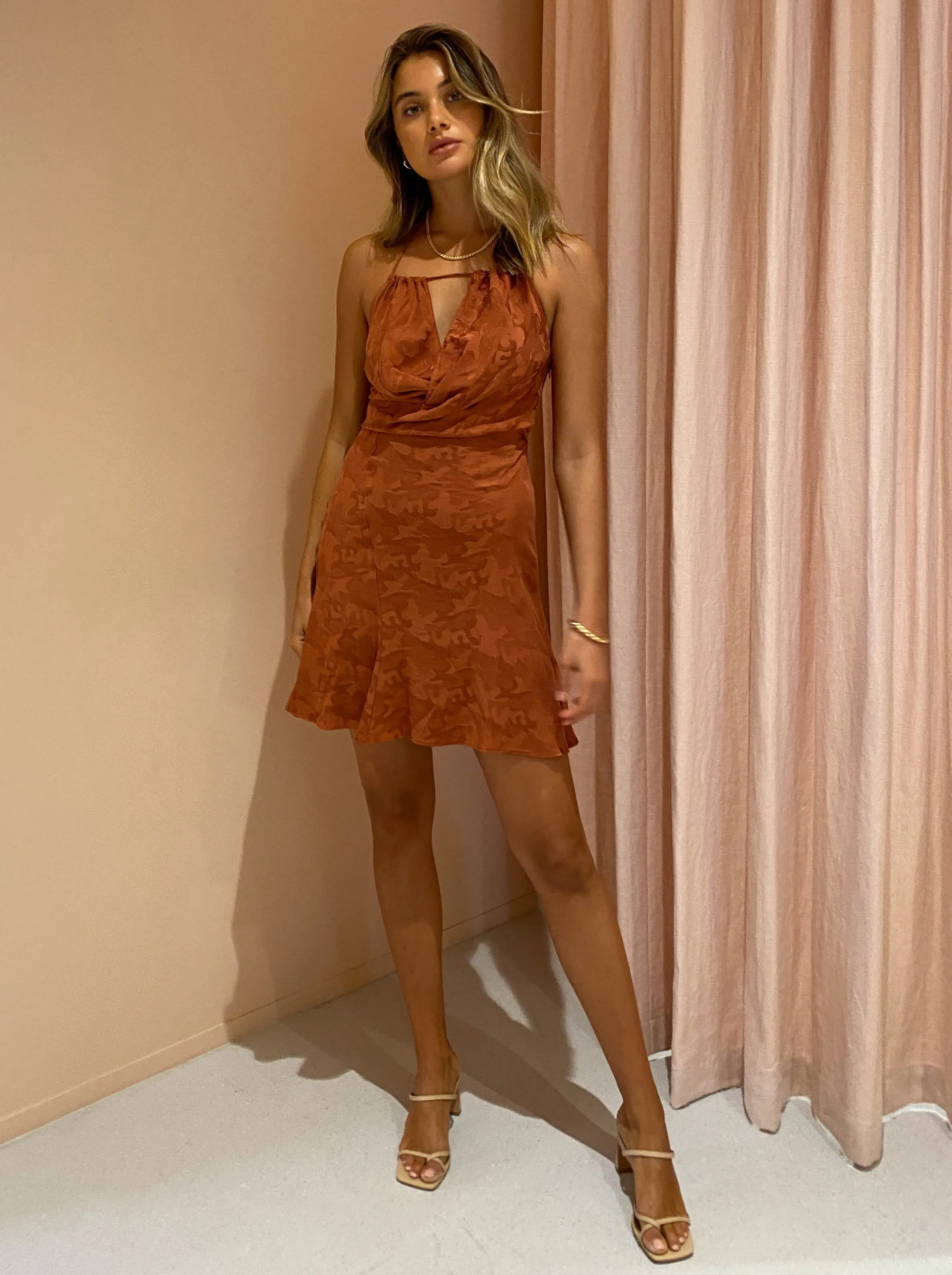 One Fell Swoop Billie Mini Dress in Rust Brocade