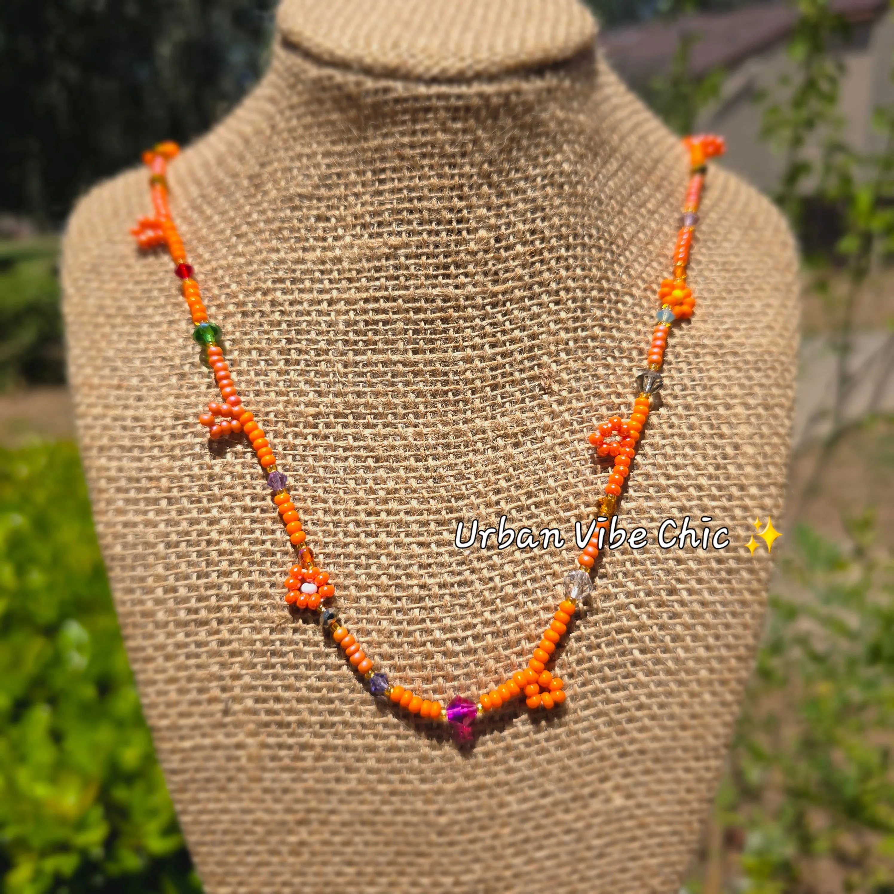 Orange Candy Daisy Beaded Necklace |Flower Bead Bead Necklace | Urban Vibe Chic | Seed Bead Jewelry