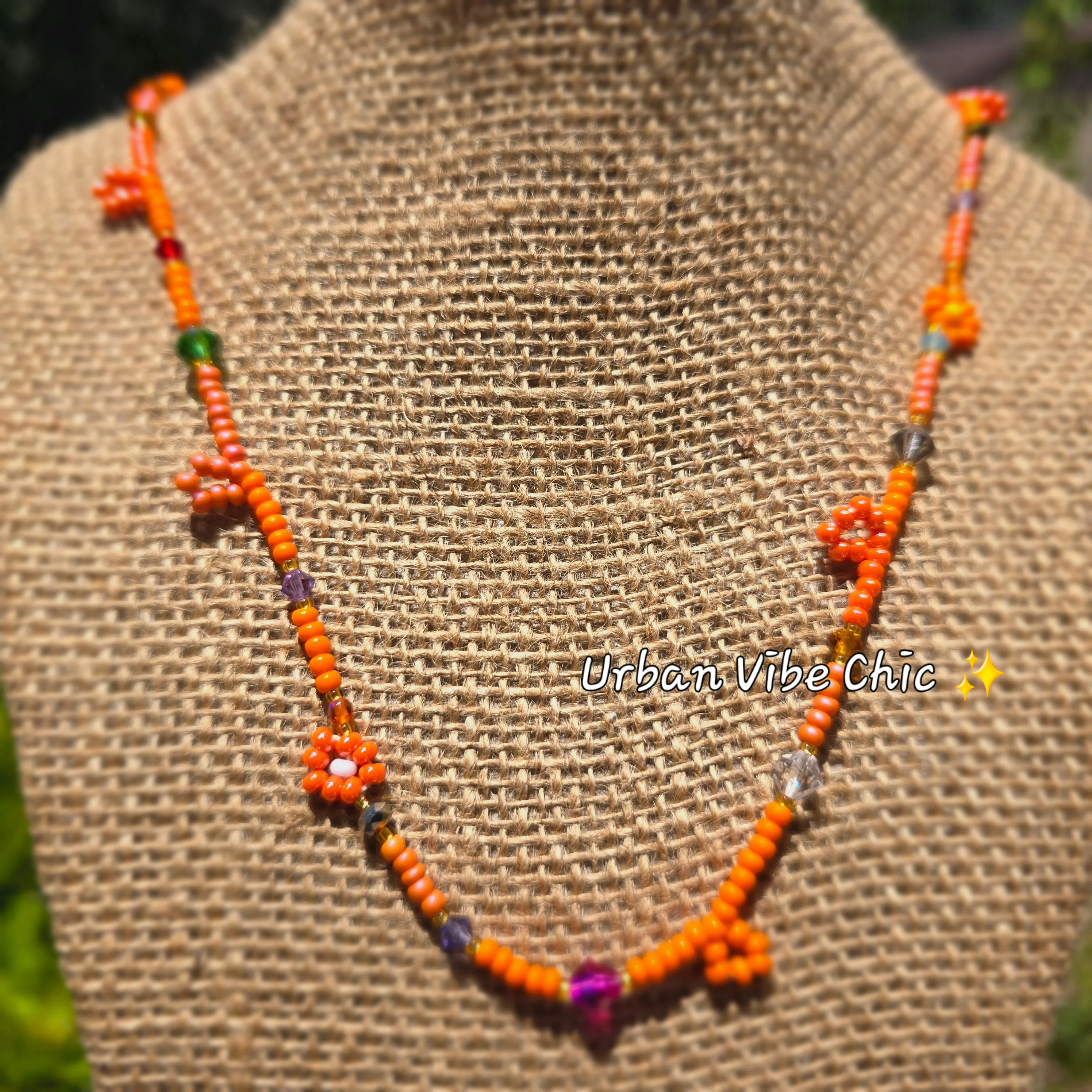 Orange Candy Daisy Beaded Necklace |Flower Bead Bead Necklace | Urban Vibe Chic | Seed Bead Jewelry