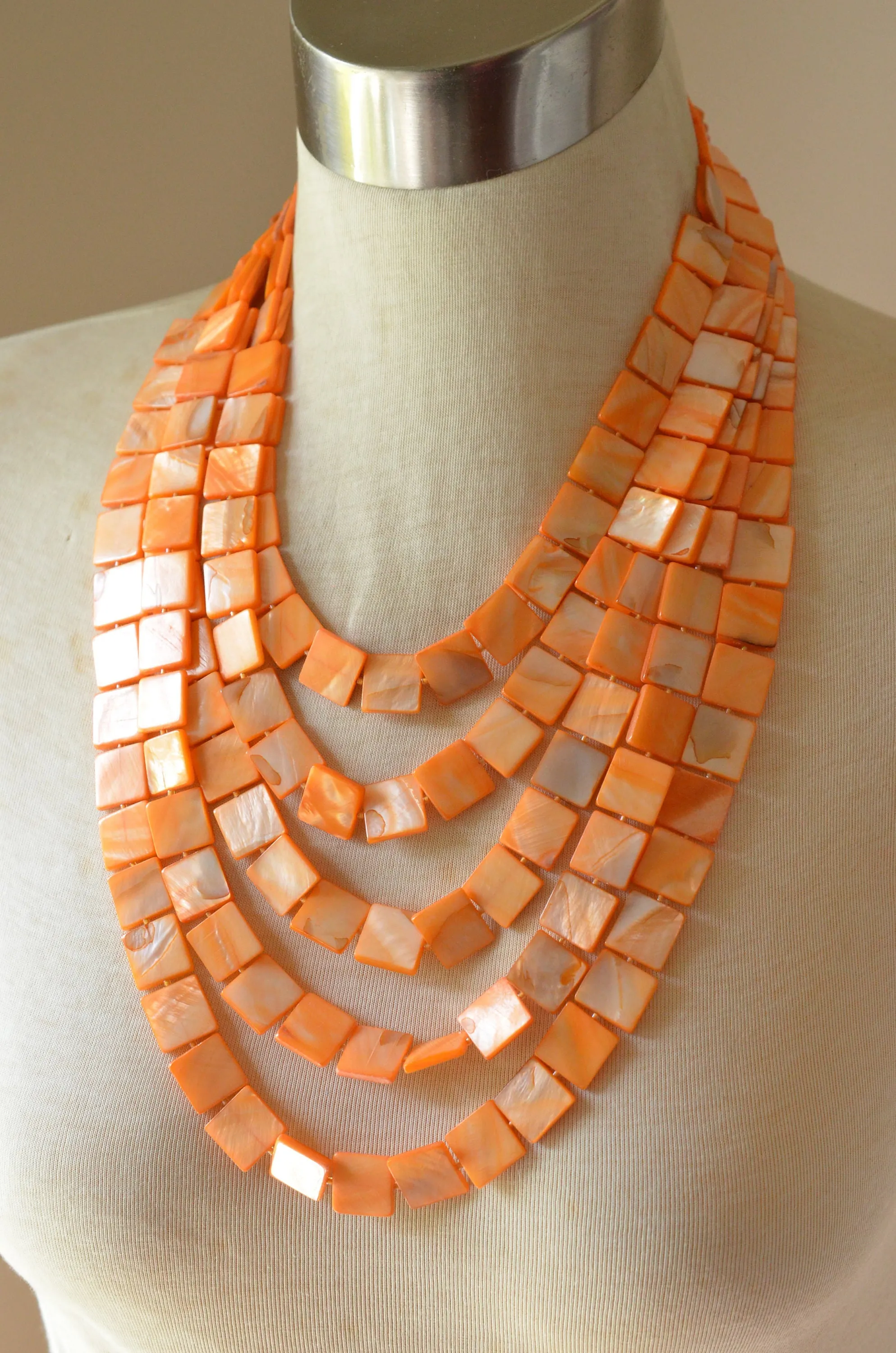 Orange Shell Chunky Multi Strand Beaded Statement Necklace - Tegan