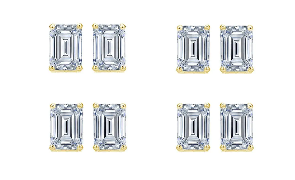 Paris jewelry 14k Yellow Gold 6mm 4Ct Emerald Cut White Sapphire Set Of Four Stud Earrings Plated