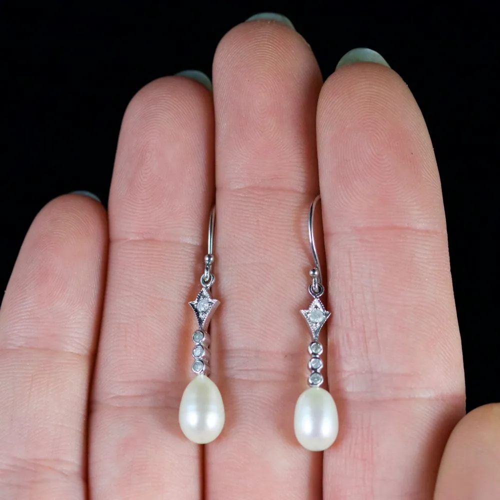 Pearl Diamond Long Earrings 9Ct White Gold