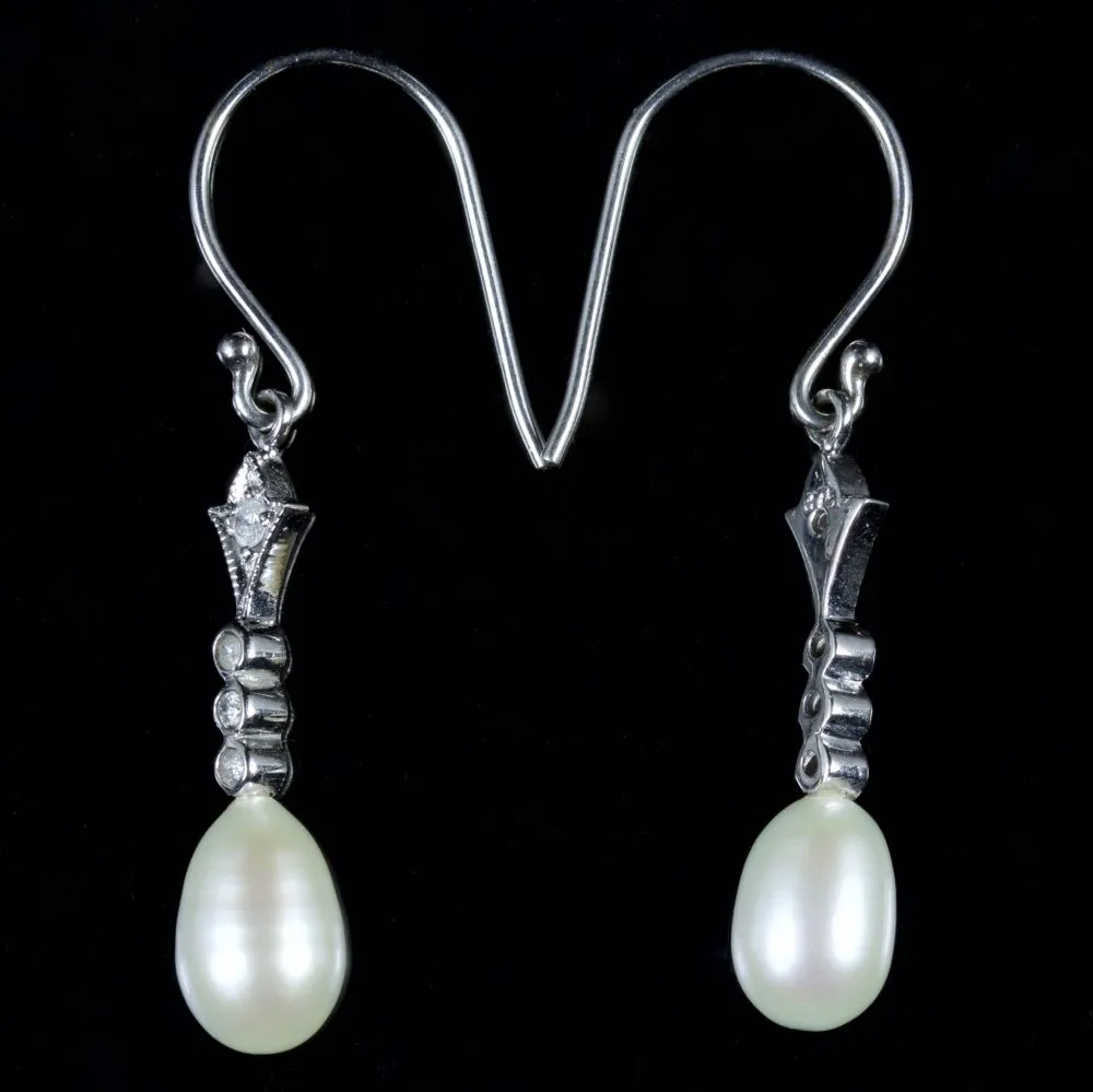 Pearl Diamond Long Earrings 9Ct White Gold