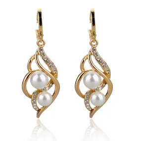 Pendientes Double Simulated Pearl Earrings For Women Crystal Gold Drop Earrings Imitated Diamond-Jewelry Brincos