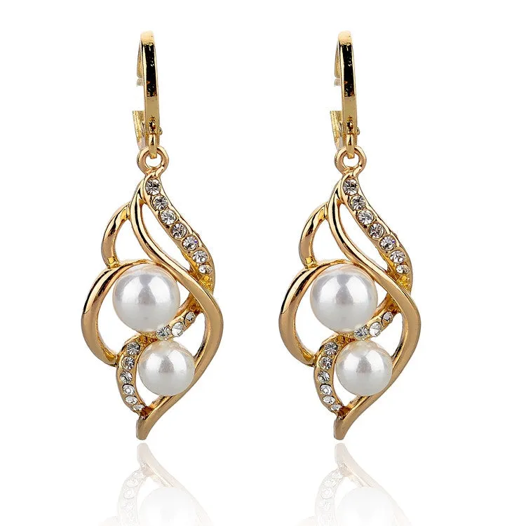 Pendientes Double Simulated Pearl Earrings For Women Crystal Gold Drop Earrings Imitated Diamond-Jewelry Brincos