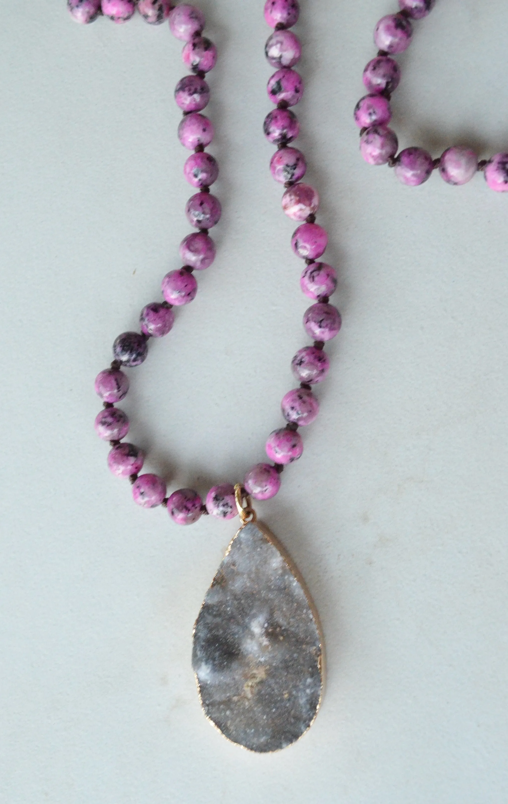 Pink Black Long Jasper Stone Bead Boho Agate Knotted Pendant Necklace - Seraphina