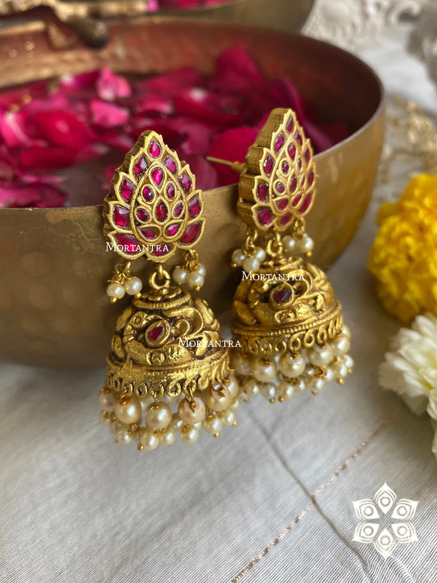 Pink Color Gold Plated Temple Earrings - TMPEAR54P