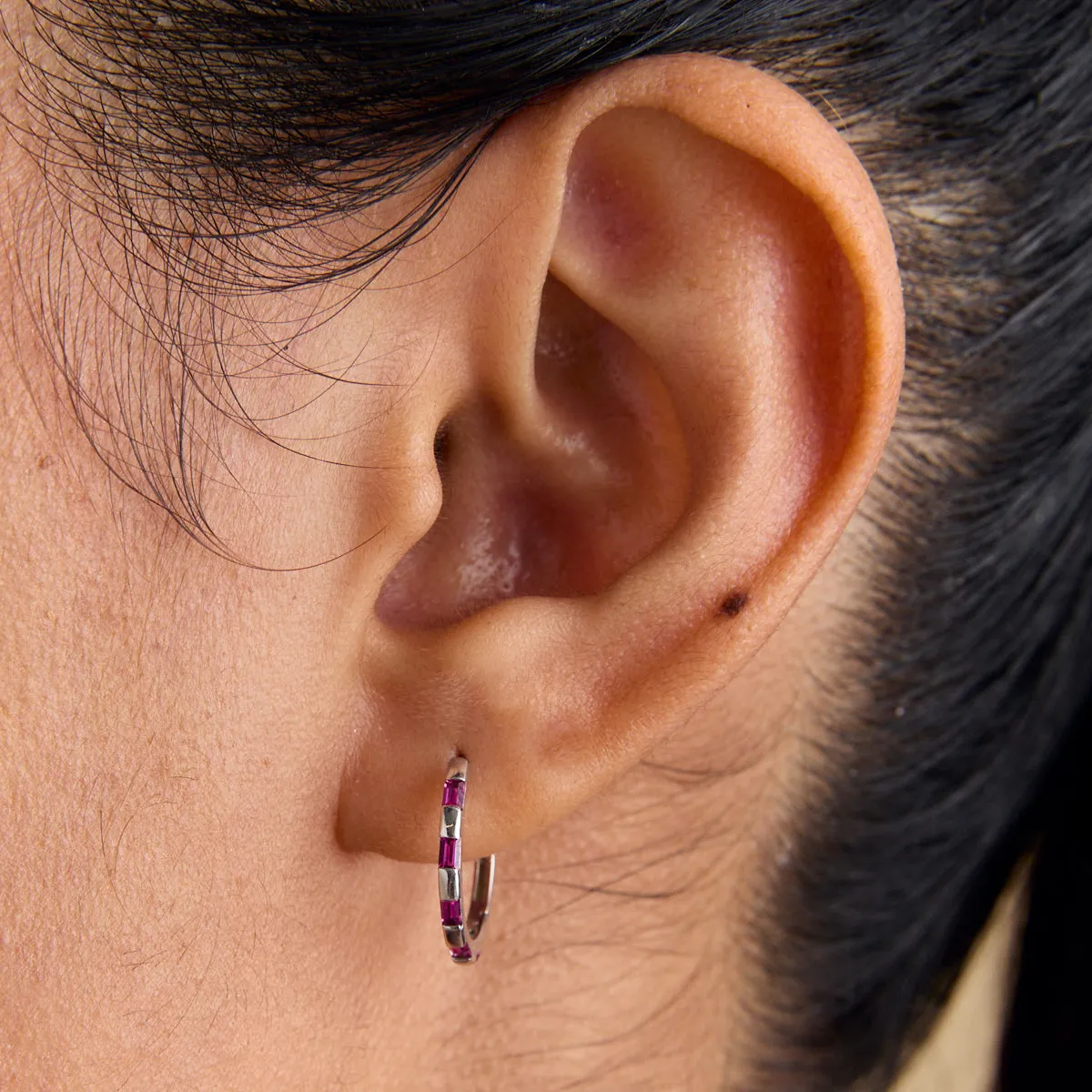 Pink Sapphire Baguette Hoops in Solid White Gold