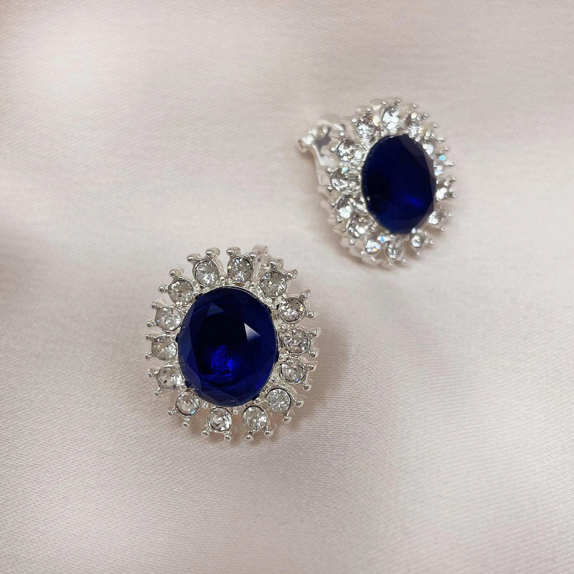 Princess Diana Inspired Earrings: Sapphire & Crystal Clip on Earrings