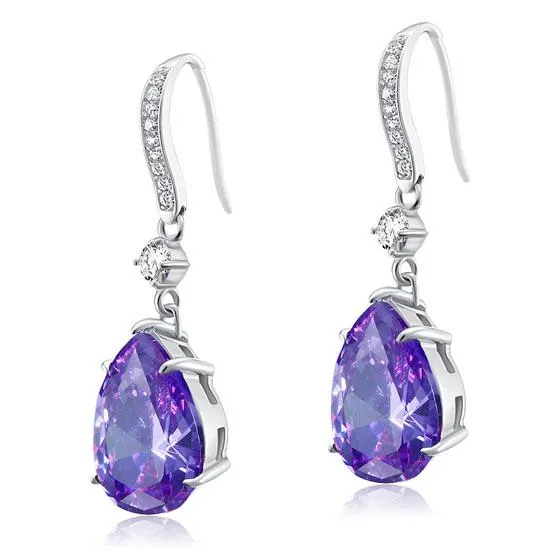 Purple Sapphire Pear Simulated Diamond 925 Sterling Silver Dangle Hook Earrings