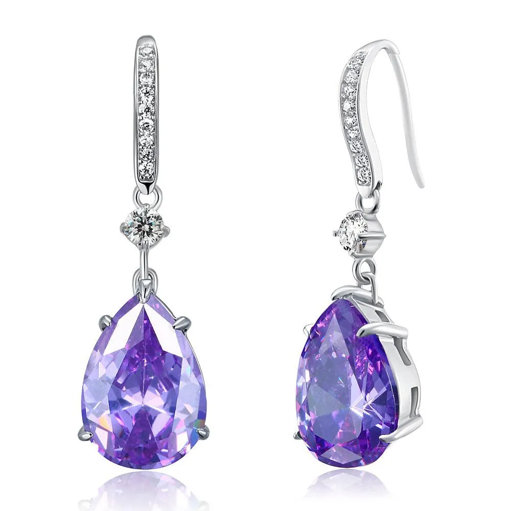 Purple Sapphire Pear Simulated Diamond 925 Sterling Silver Dangle Hook Earrings