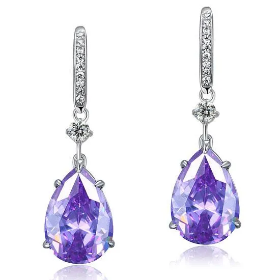 Purple Sapphire Pear Simulated Diamond 925 Sterling Silver Dangle Hook Earrings