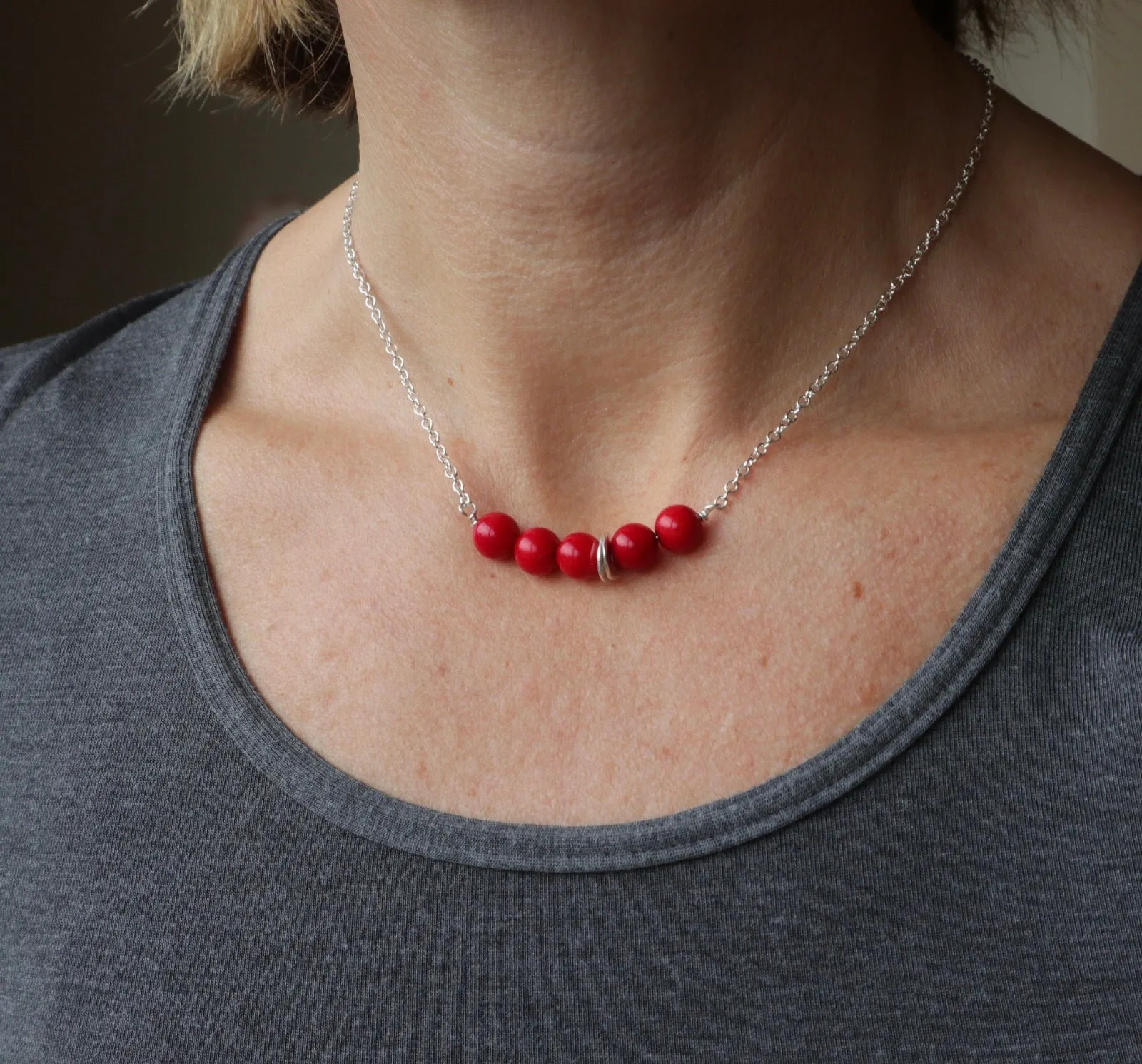 Red Coral Gemstone Bar Necklace