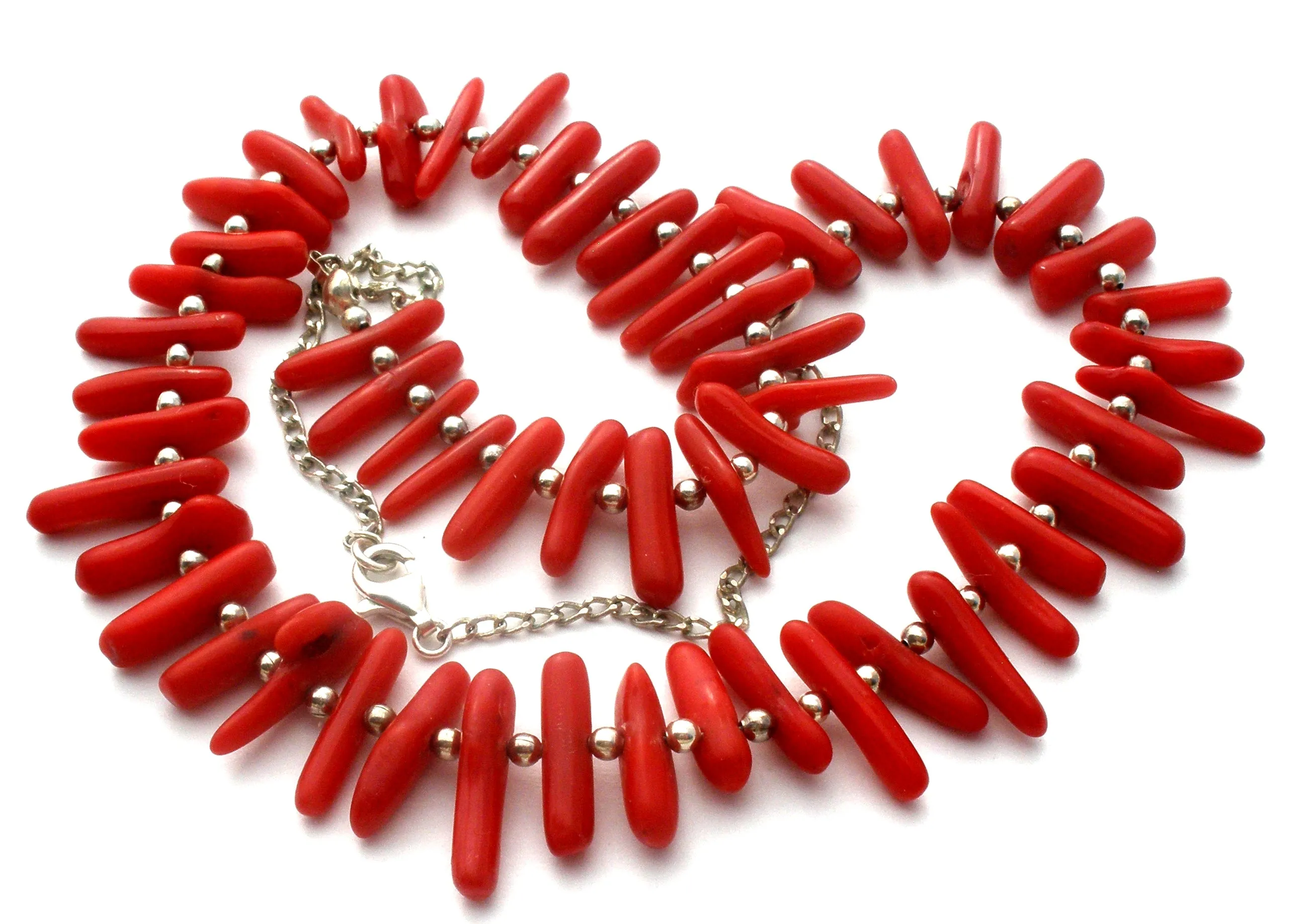 Red Coral Sterling Silver Bead Necklace