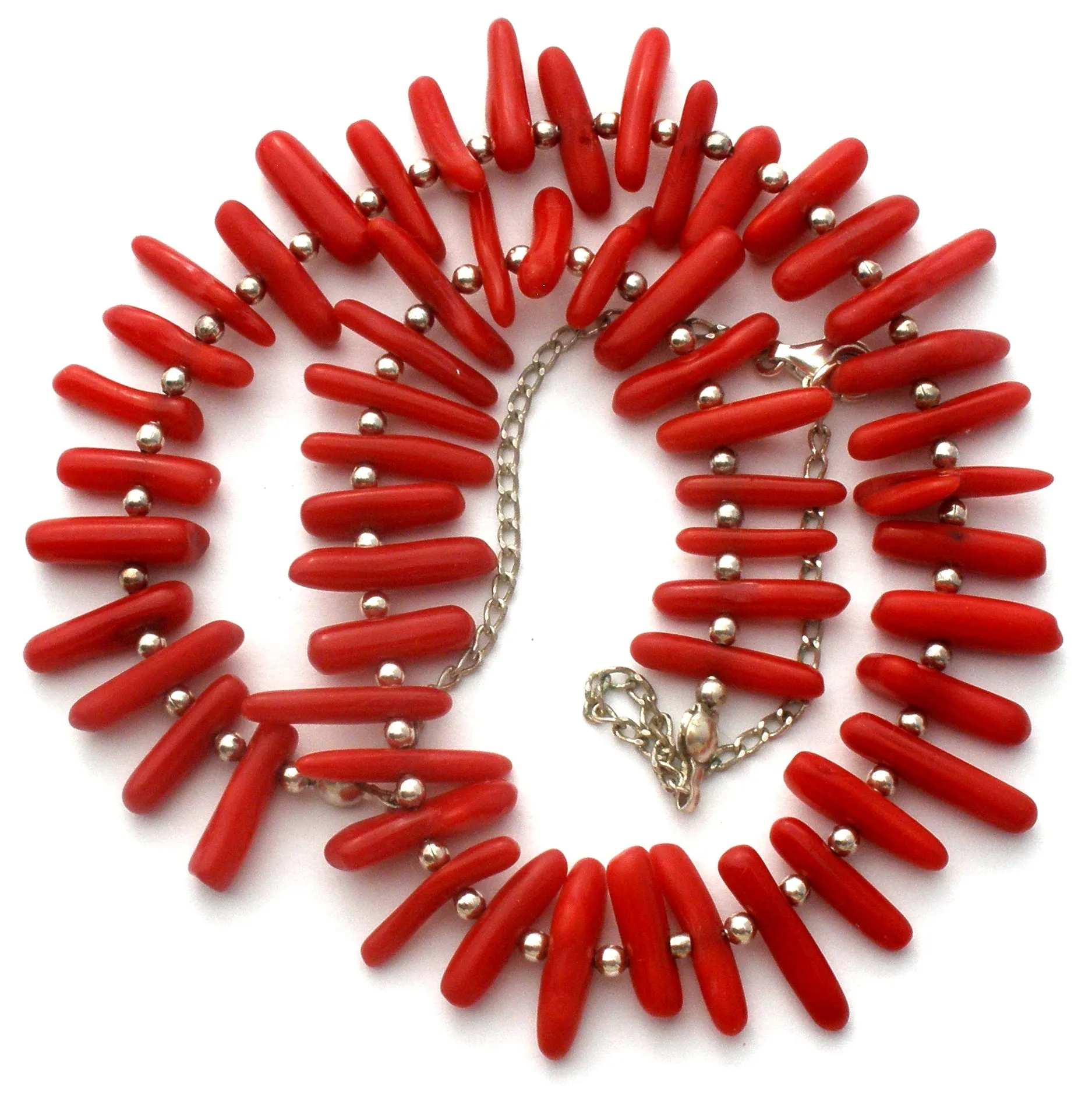 Red Coral Sterling Silver Bead Necklace