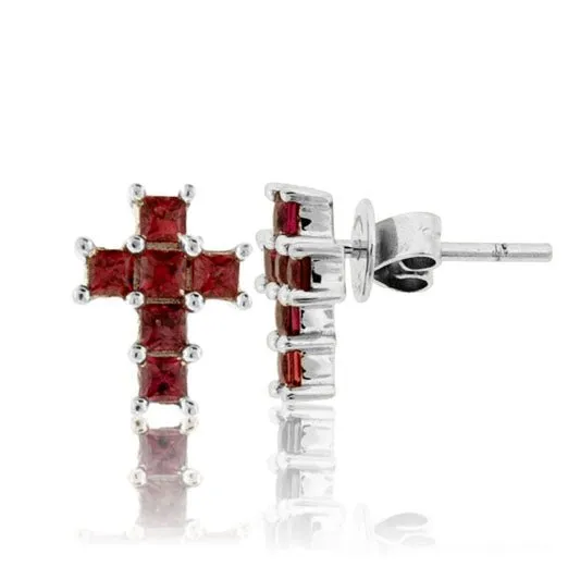 Red - Orange Sapphire Cross Style Stud Earrings