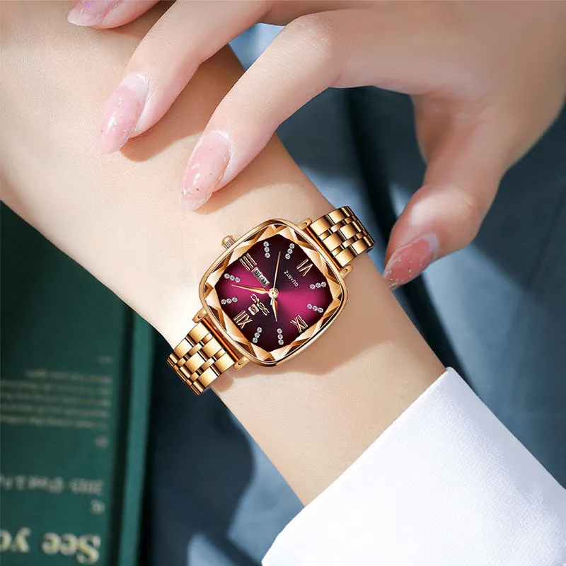 Retro Small Square Watch Square Steel Strap Women's Watch Fashion Double Calendar Quartz Watch