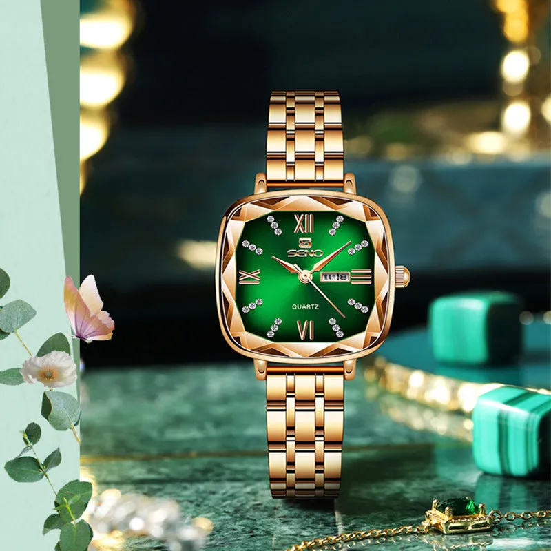 Retro Small Square Watch Square Steel Strap Women's Watch Fashion Double Calendar Quartz Watch