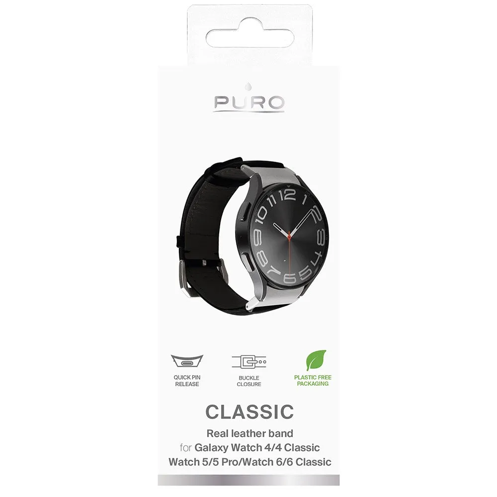 Samsung Galaxy Watch (4/4 Classic/5/5 Pro/6/6 Classic/7) PURO CLASSIC Ægte Læder Rem - Sort