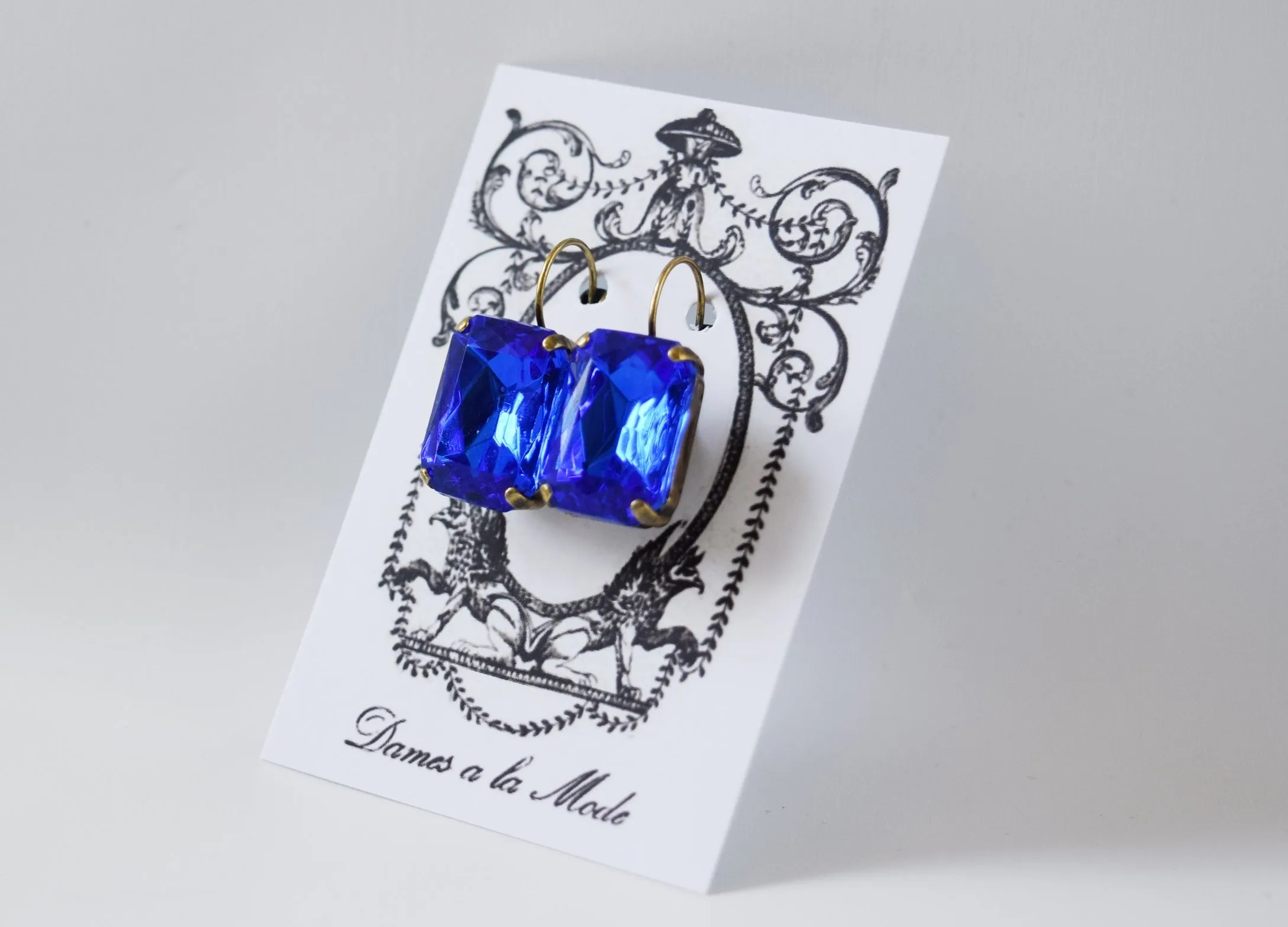 Sapphire Blue Crystal Earrings - Large Octagon