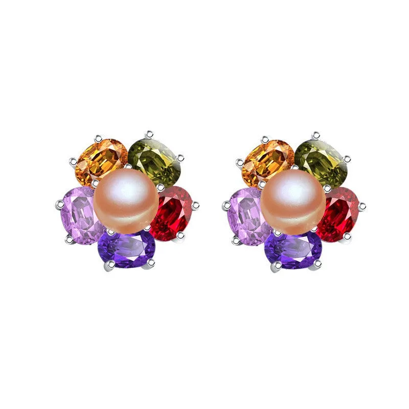 Sapphire jewelry Pearl earrings, Pearl with 925 Sterling Silver earrings,Multicolored gems charms earrings ruby jewelry