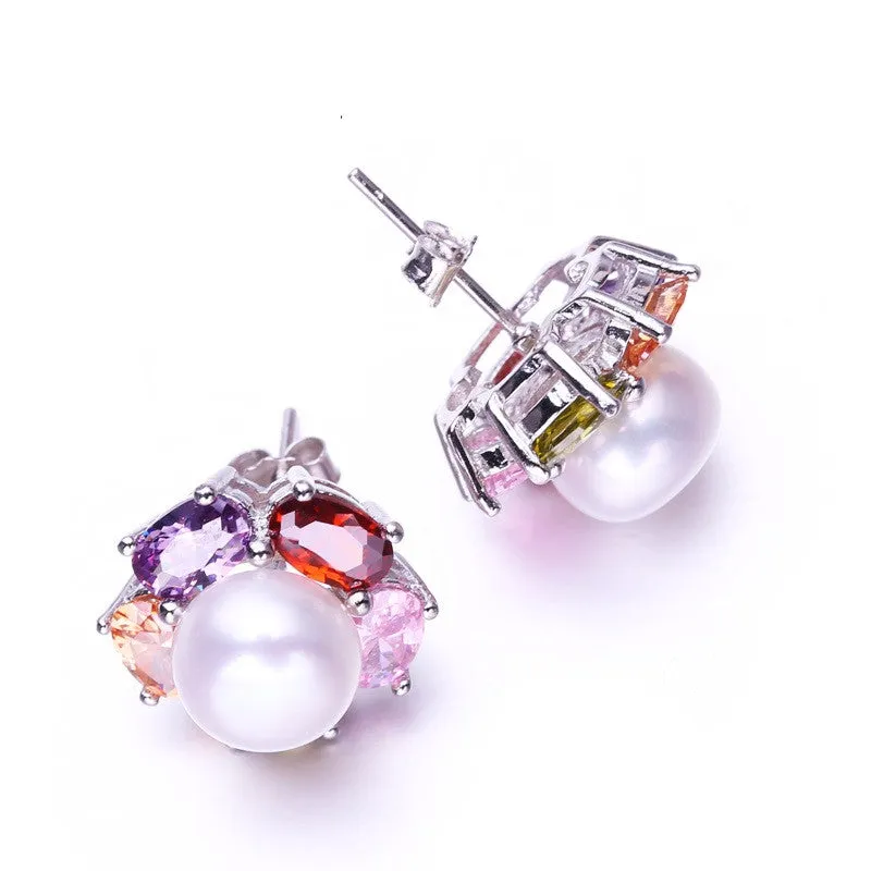 Sapphire jewelry Pearl earrings, Pearl with 925 Sterling Silver earrings,Multicolored gems charms earrings ruby jewelry