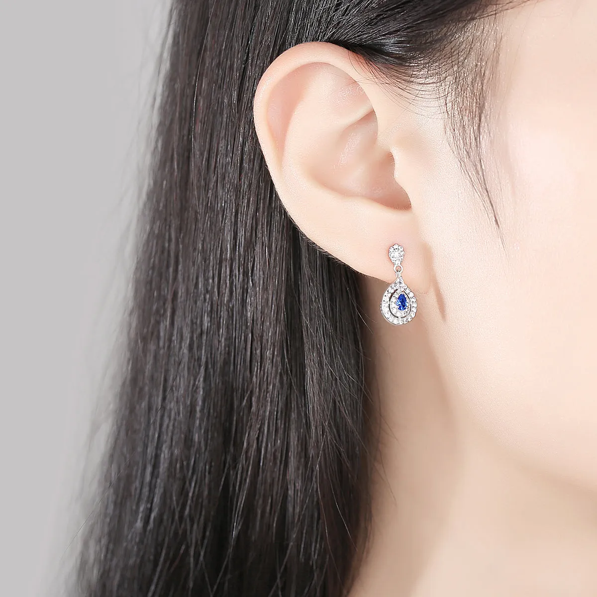 Sapphire Simulant Halo Silver Earrings