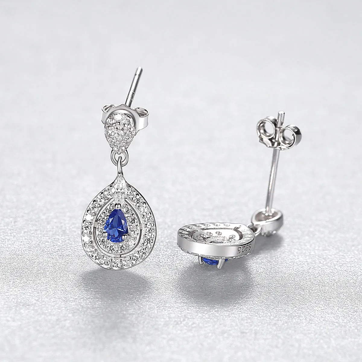 Sapphire Simulant Halo Silver Earrings