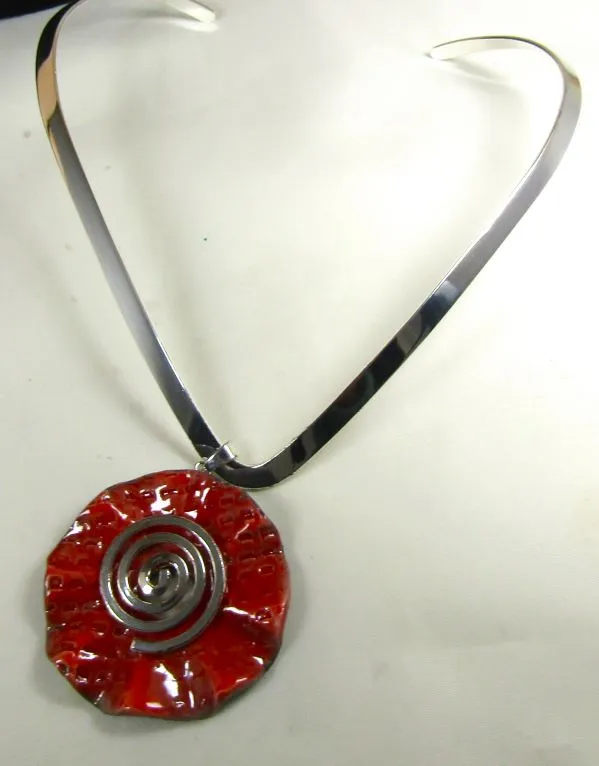 Silver Choker with Handmade Big Red Raku Pendant & Spiral Bail