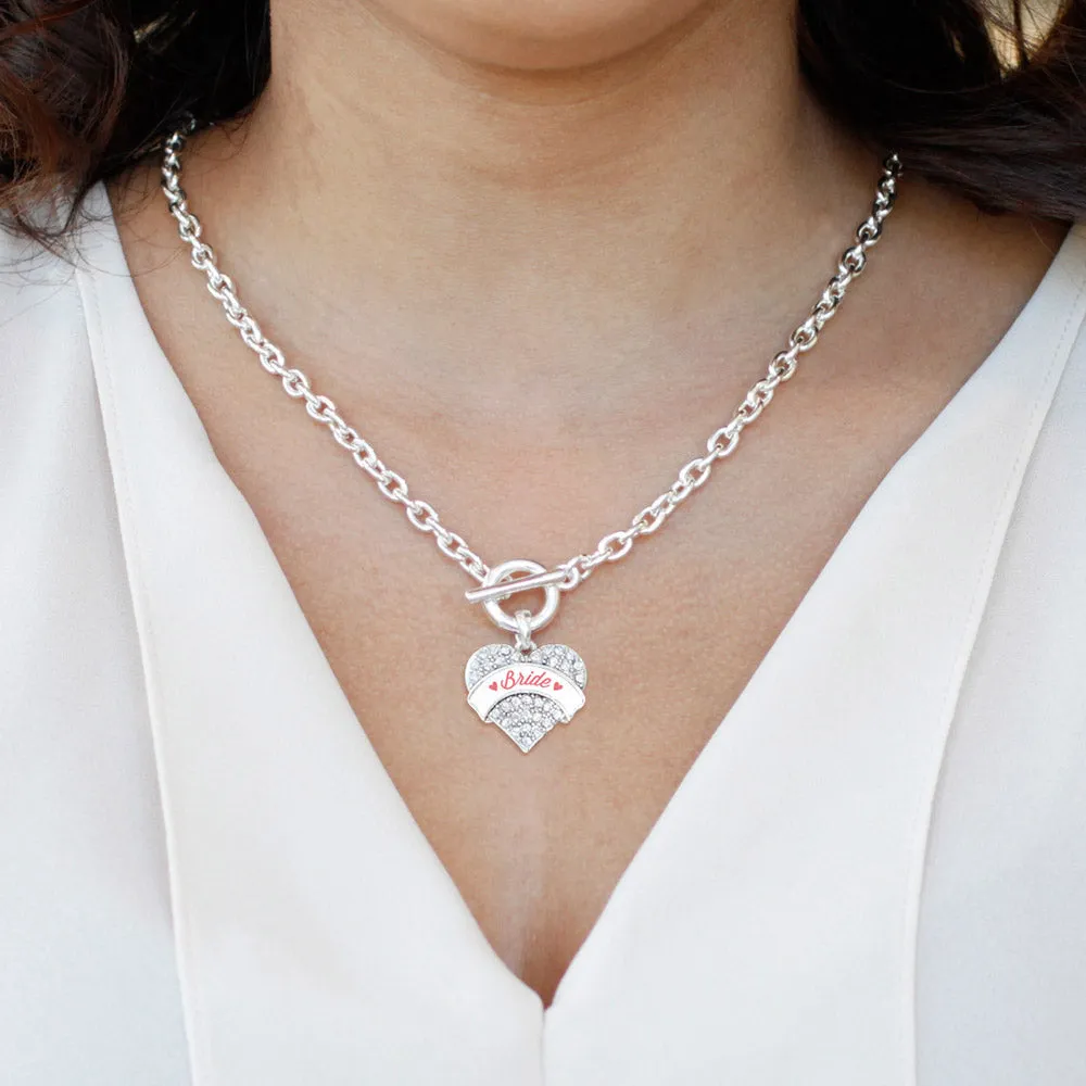 Silver Coral Bride Pave Heart Charm Toggle Necklace