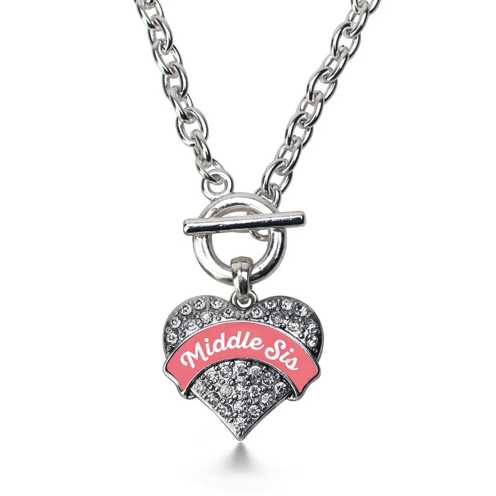 Silver Coral Middle Sister Pave Heart Charm Toggle Necklace