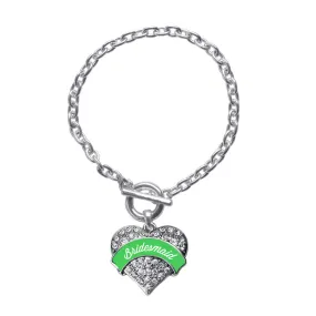 Silver Emerald Green Bridesmaid Pave Heart Charm Toggle Bracelet