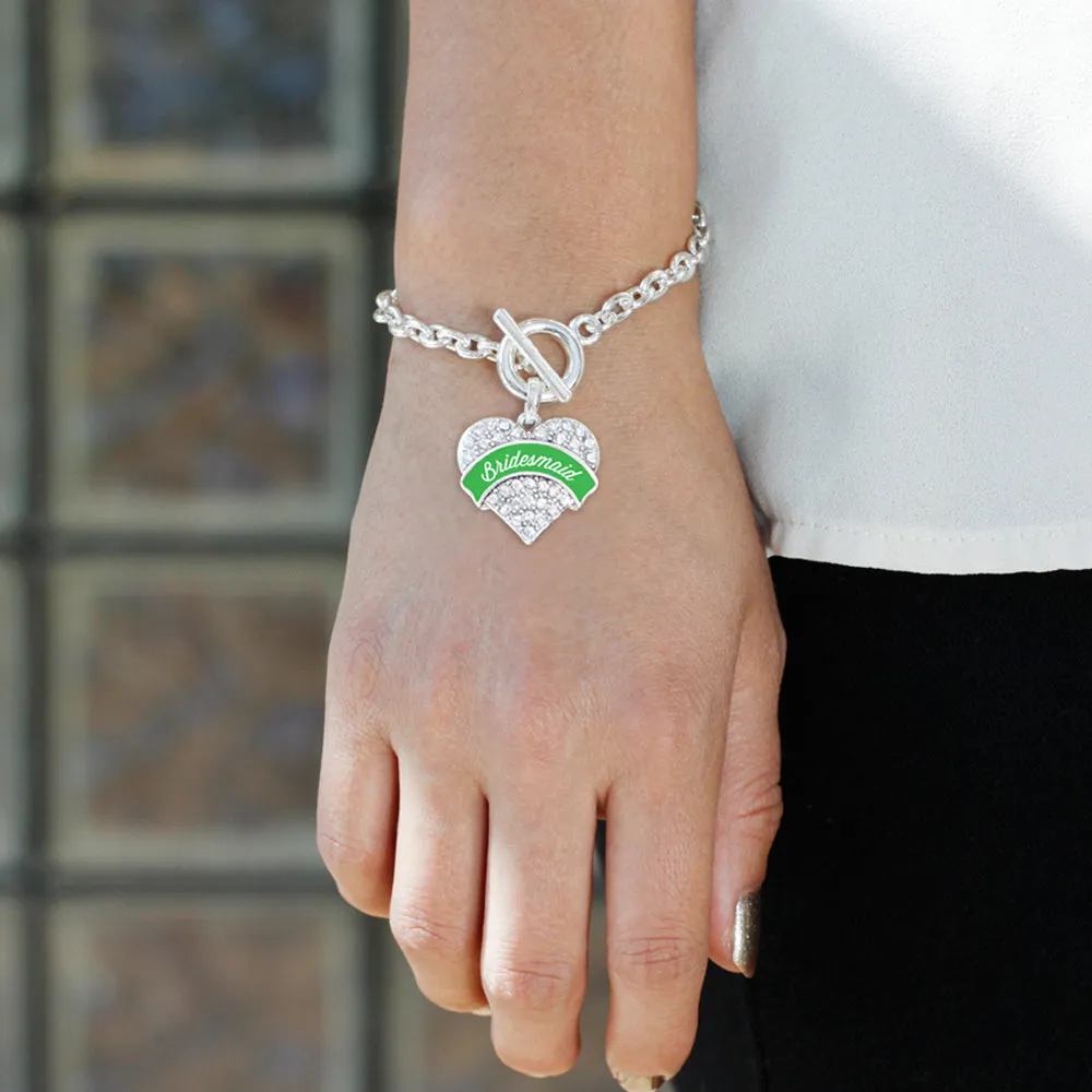 Silver Emerald Green Bridesmaid Pave Heart Charm Toggle Bracelet