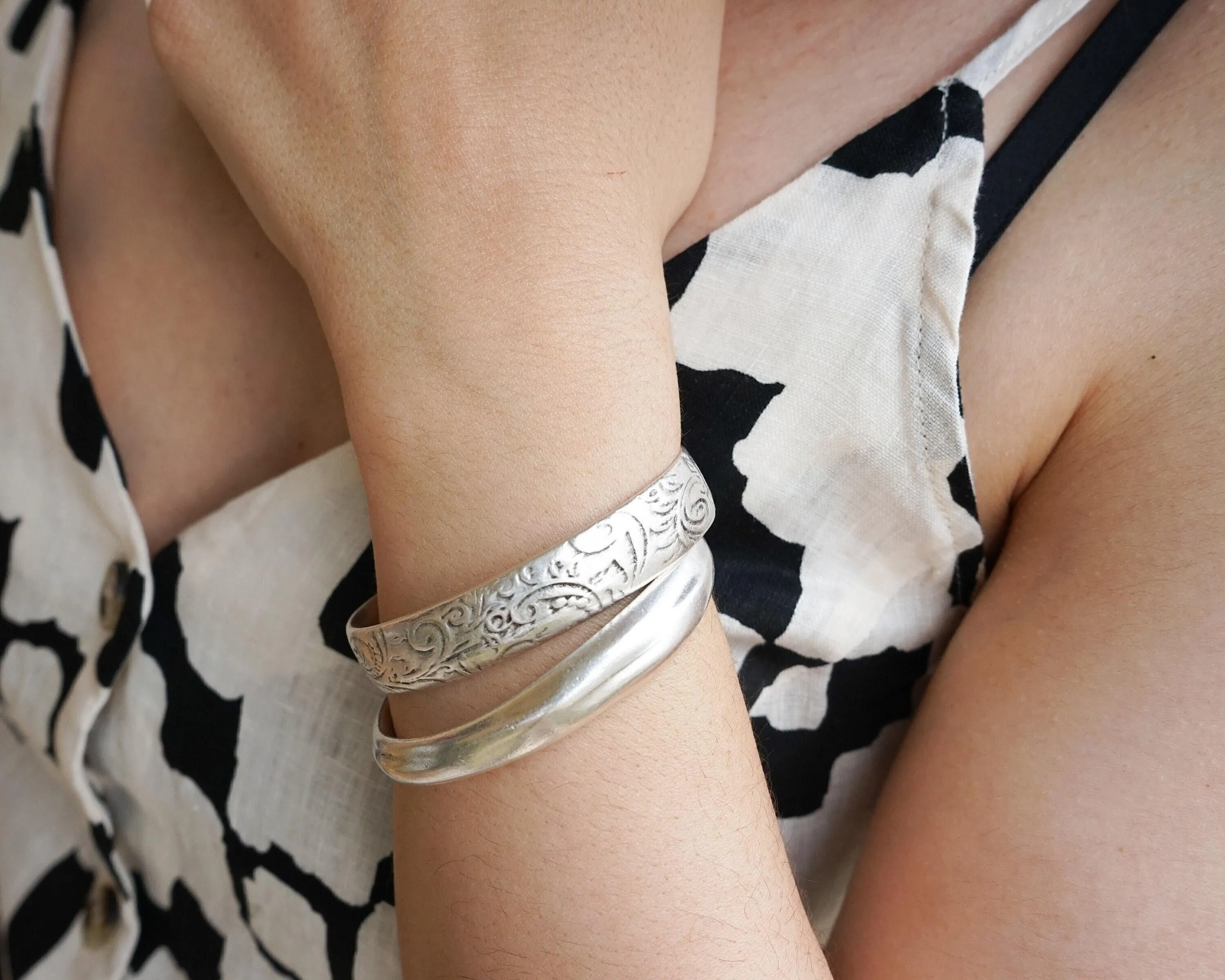 Silver Ethnic Tribal Cuff with Floral Pattern