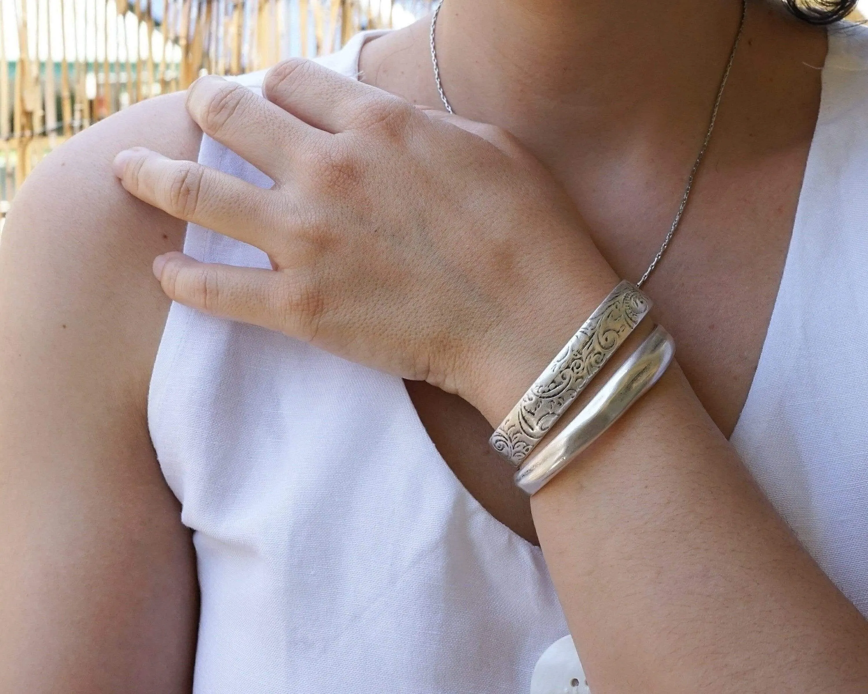 Silver Ethnic Tribal Cuff with Floral Pattern