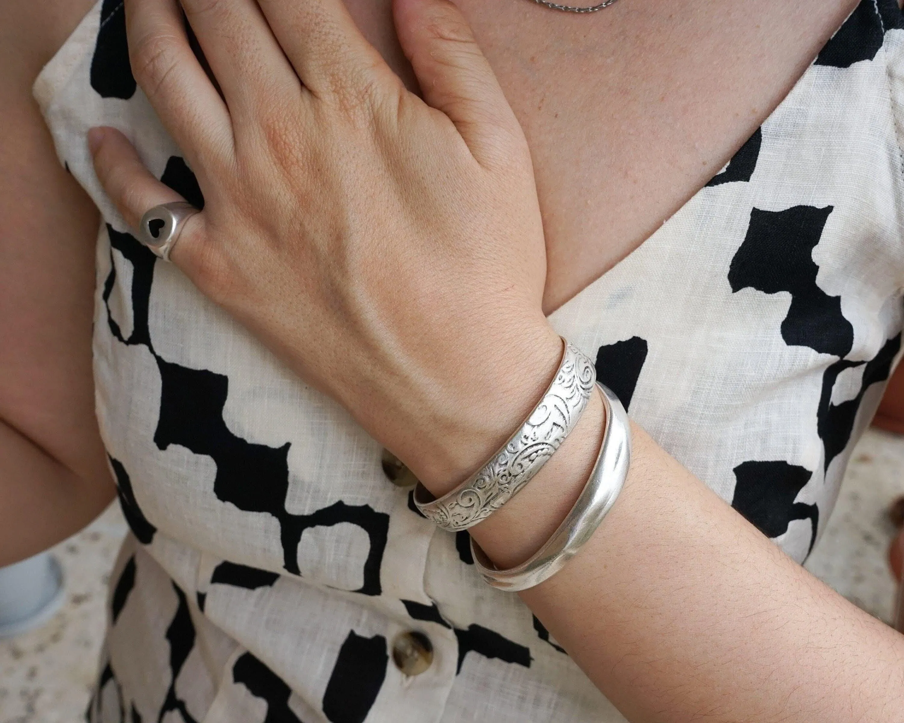 Silver Ethnic Tribal Cuff with Floral Pattern