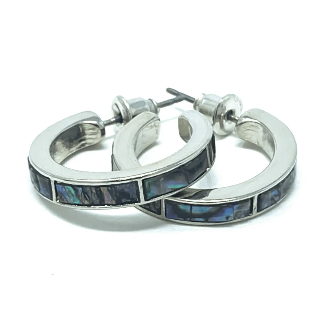 Silver Hoop Earrings With Abalone Shell Inlay