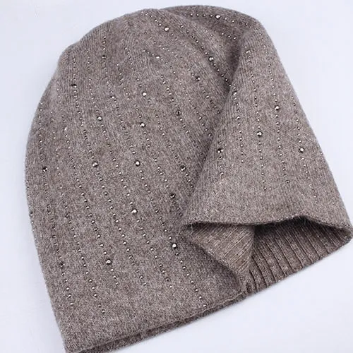 Slouchy Beanie Rabbit Fur Casual Warm Knitted Winter Beanie With Rhinestone