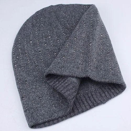 Slouchy Beanie Rabbit Fur Casual Warm Knitted Winter Beanie With Rhinestone