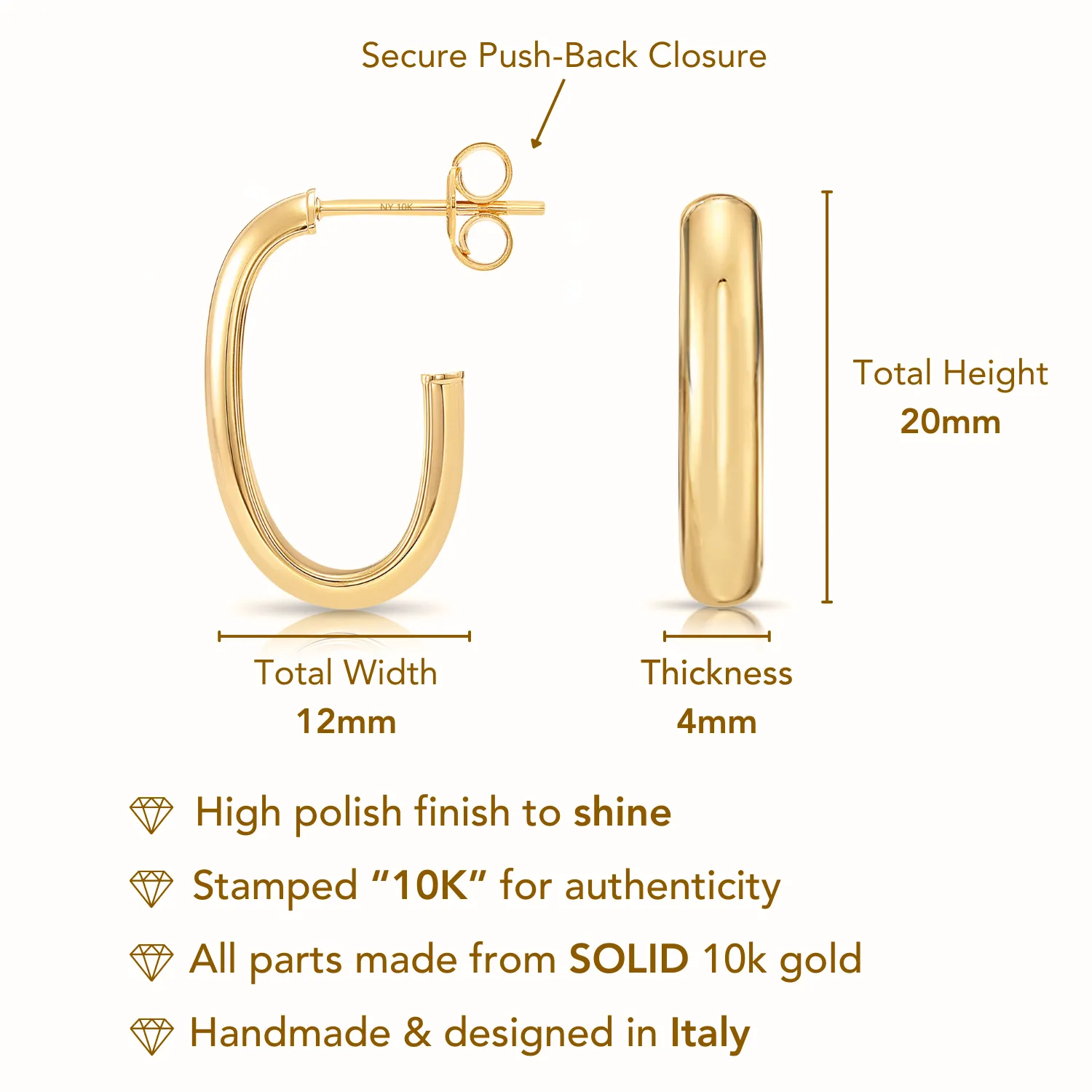 Solid 10K Yellow Gold Oval Hoop Earrings, Italian Style Design With Secure Pushbacks