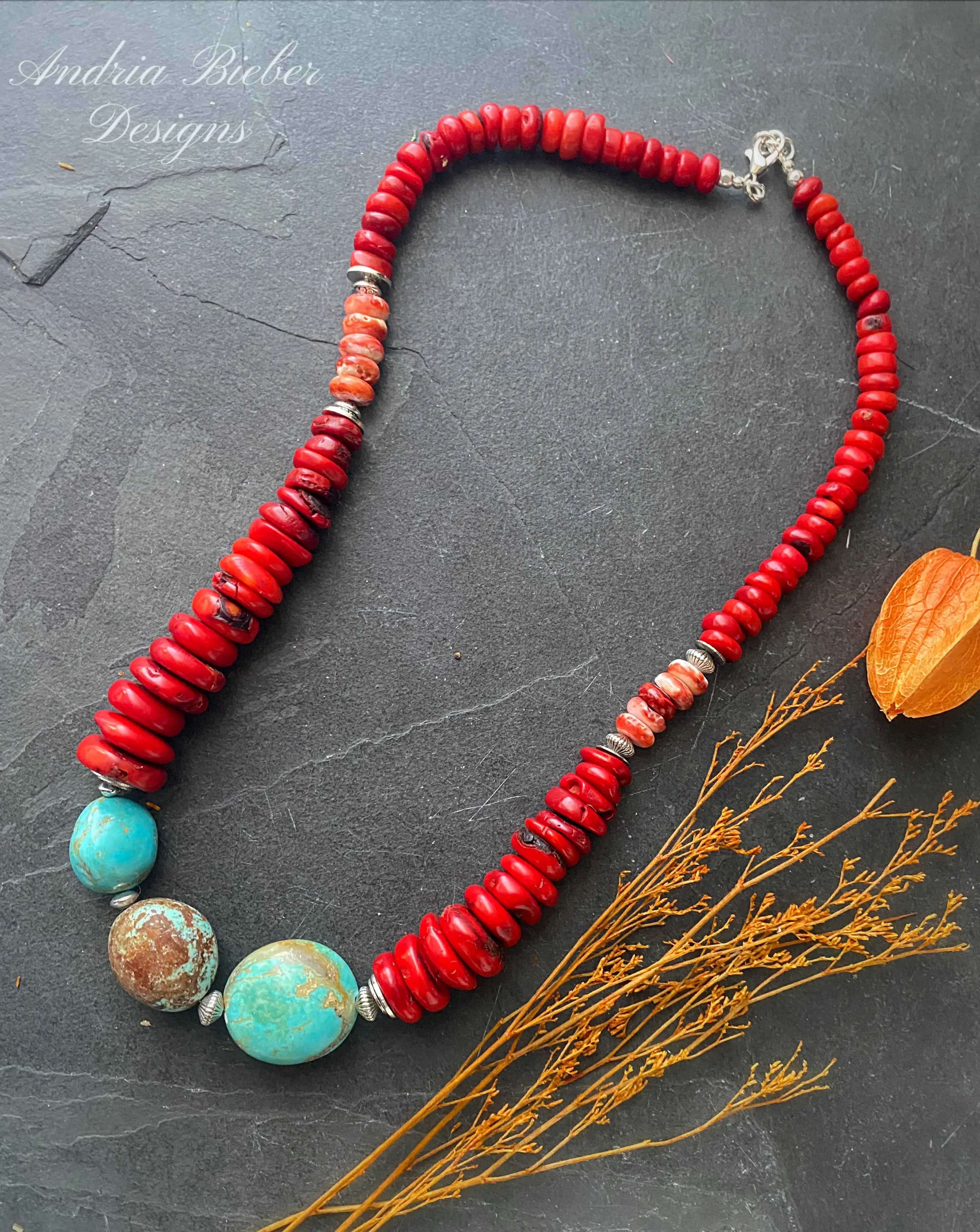 Spiney oyster, Red coral, Kingman turquoise, silver metal, necklace