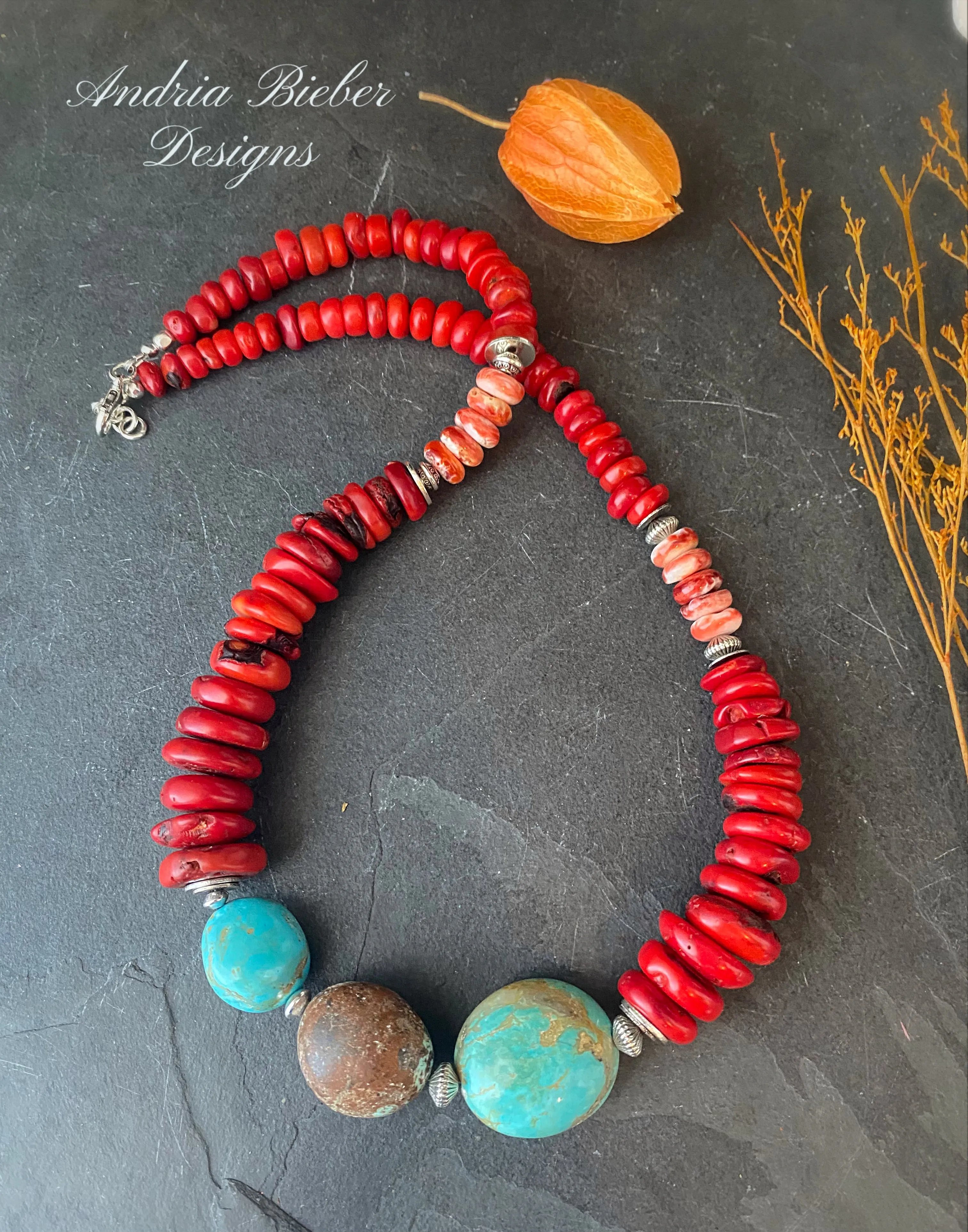 Spiney oyster, Red coral, Kingman turquoise, silver metal, necklace