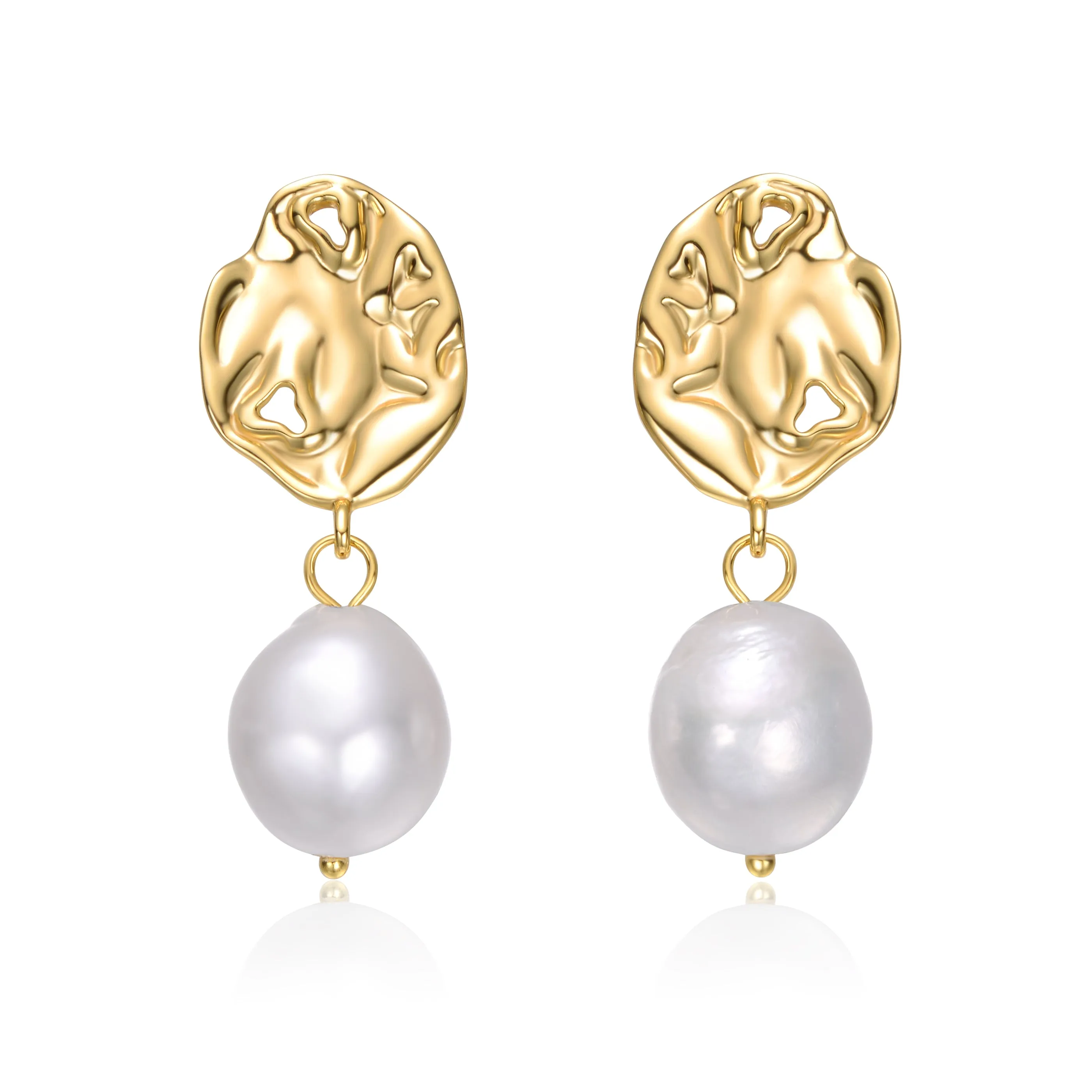 Sterling Silver 14k Gold Plated White Freshwater Pearl Crinkled Drop Earrings