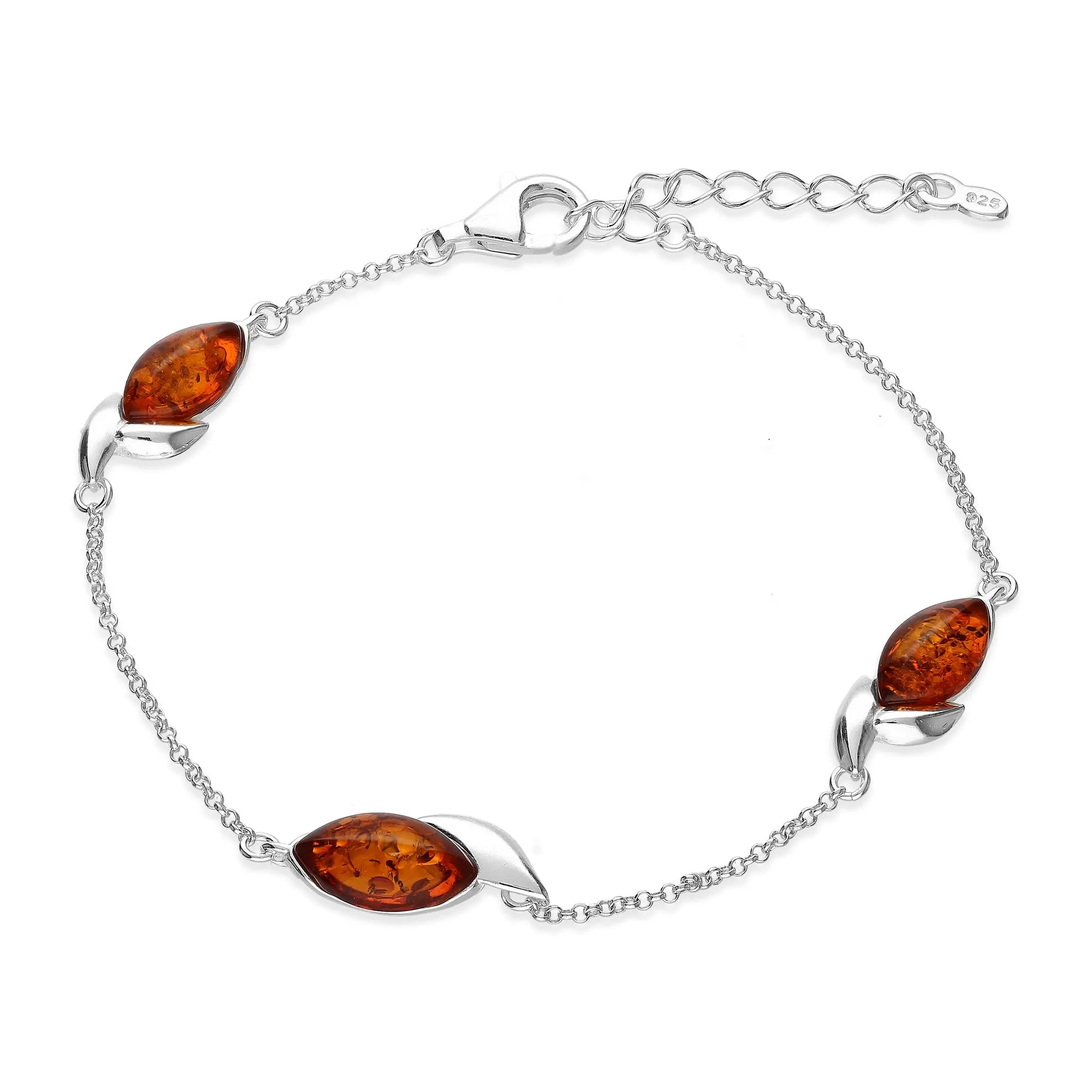 Sterling Silver Amber Three Leaf Marquise Bracelet