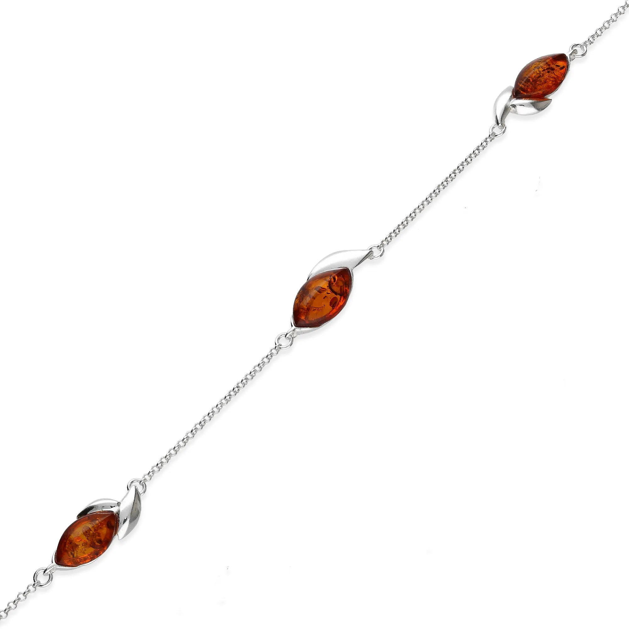 Sterling Silver Amber Three Leaf Marquise Bracelet