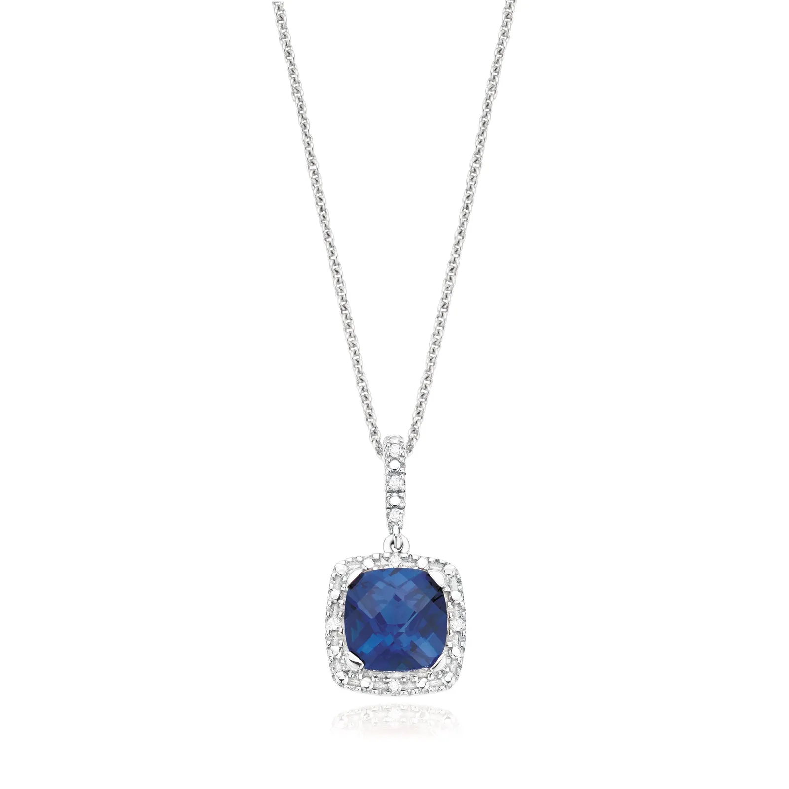 Sterling Silver Cushion & Round Brilliant Cut Created Blue Sapphire & Diamond Set Pendant