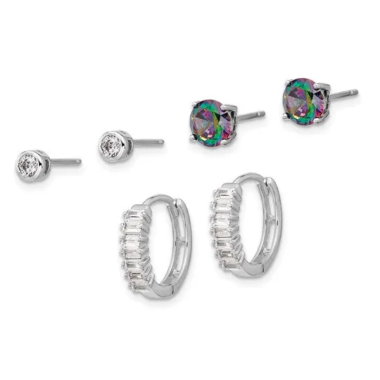 Sterling Silver Mystic Topaz, CZ  and Hoop 3 Pair Earrings Set