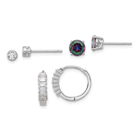 Sterling Silver Mystic Topaz, CZ  and Hoop 3 Pair Earrings Set